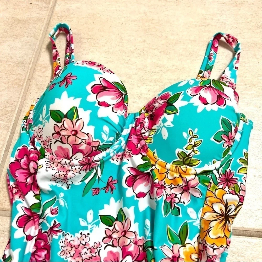 Leilani Push up Swimsuit Turquoise Blue Zinnias Floral women’s 10 multiple ways